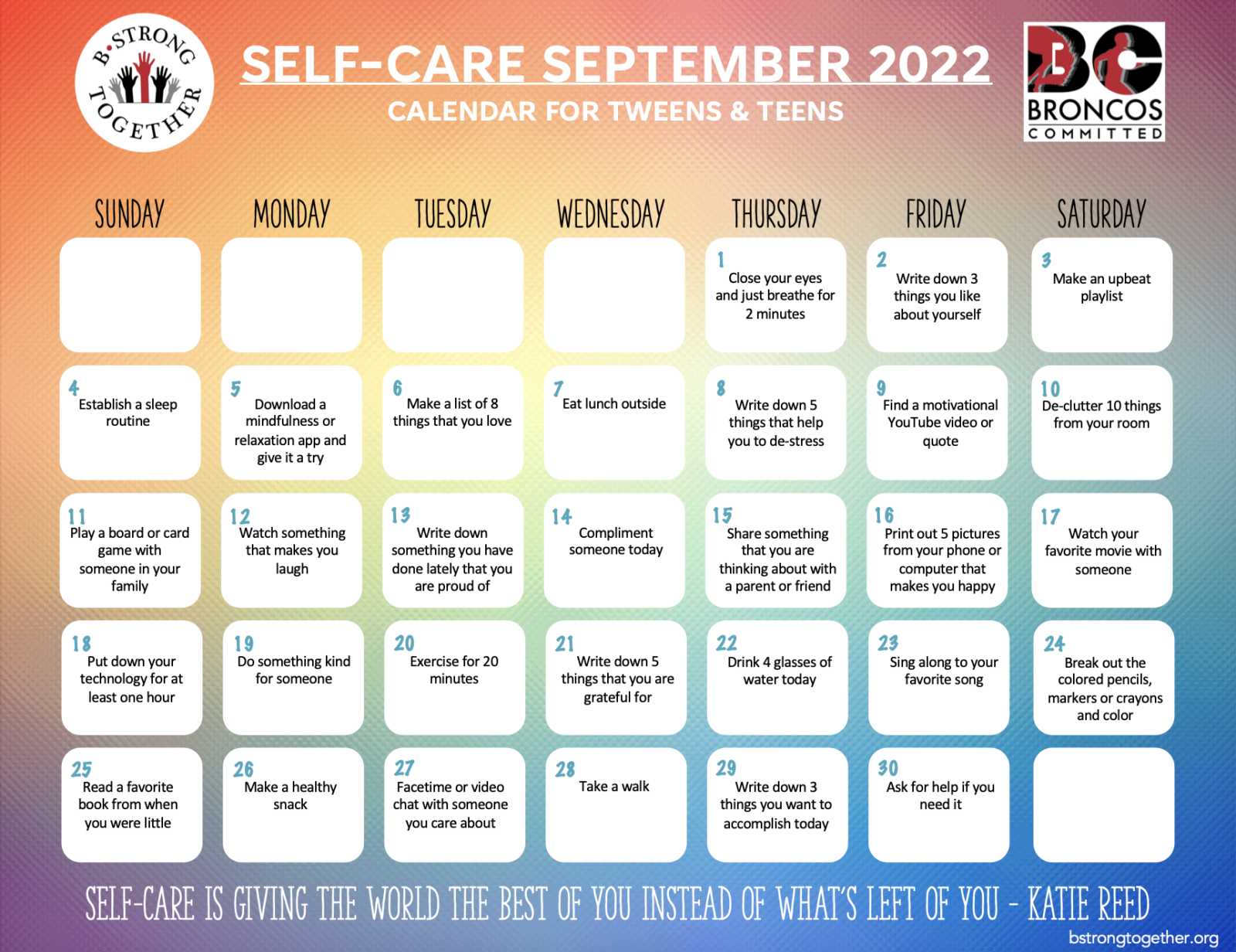 SelfCare September Calendars